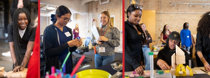 Student learning hands-only CPR, students hands-on breakout experience with Kablooe Design, students hands-on breakout experience with RSP Architects
